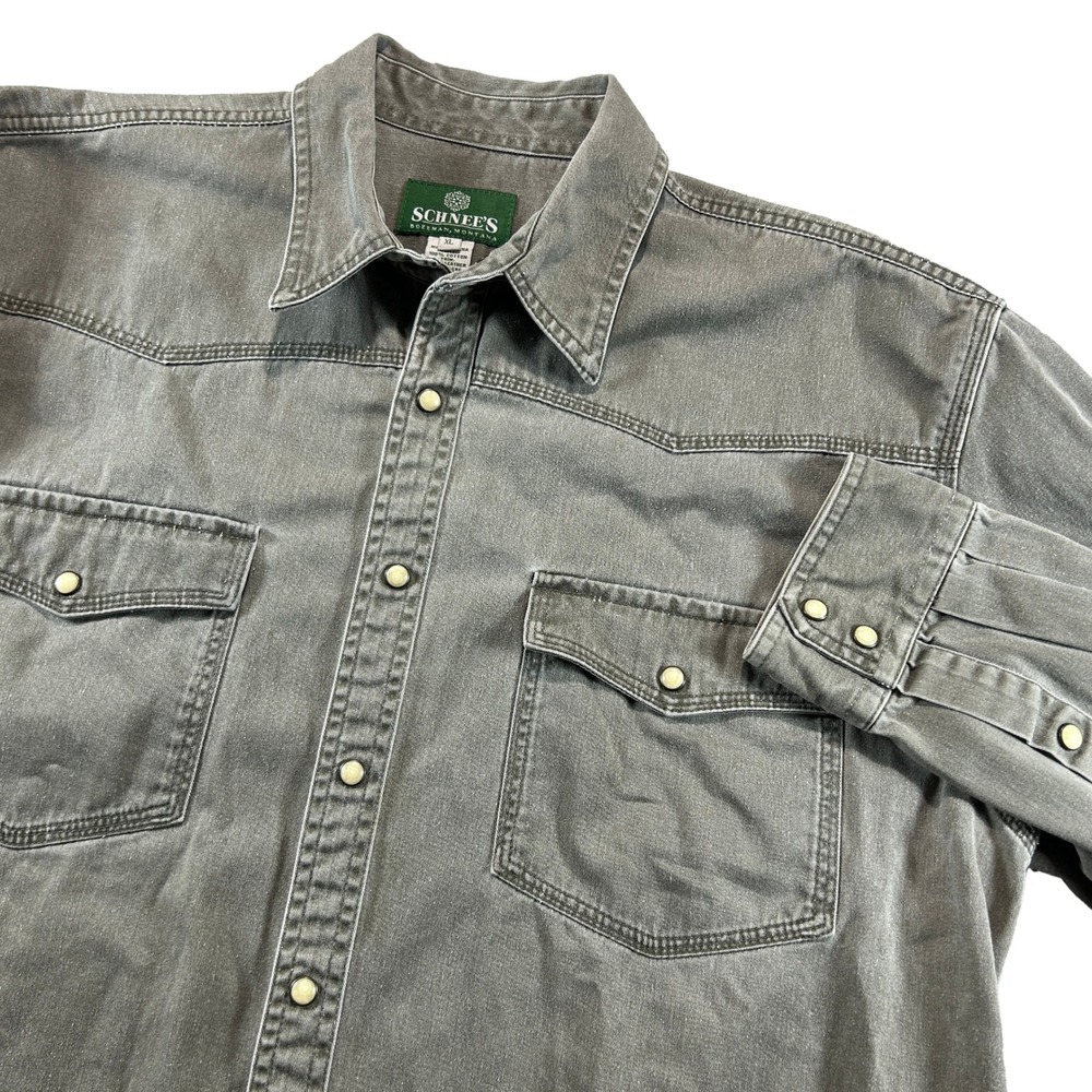 Schnee's Western Shirt Mens XL Grey Olive Pearl Snap Leather Trim SN109943